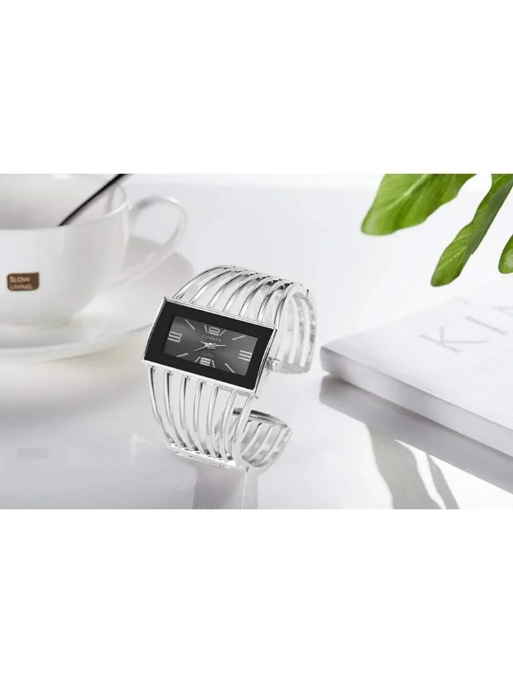 Women's Silver Analog Quartz Rectangular Dial Hollow Luxury Cuff Bracelet Watch